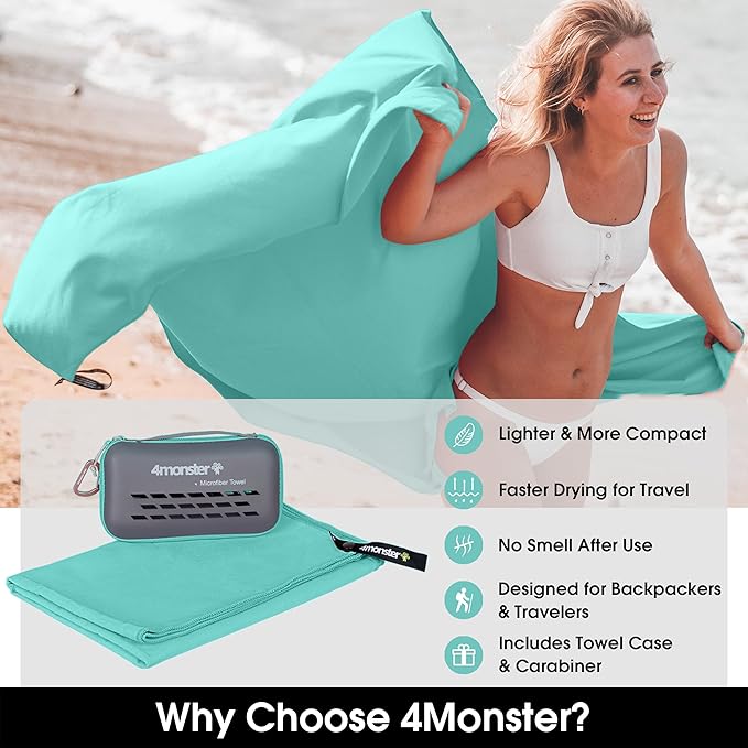 4Monster Quick Dry Travel Towel with Case & Carabiner – Super Absorbent Microfiber Gym & Camping Towel. Compact, Lightweight, Fast Drying for Beach, Swimming, Hiking, Backpacking
