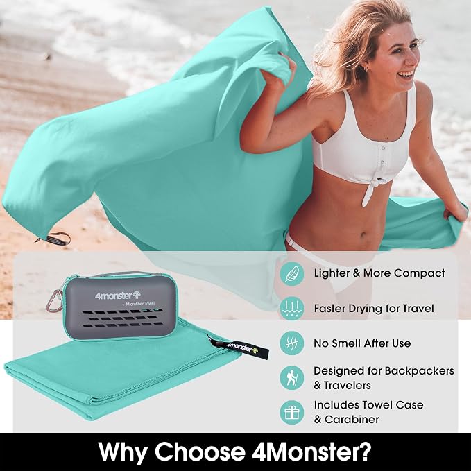 4Monster Quick Dry Travel Towel with Case & Carabiner – Super Absorbent Microfiber Gym & Camping Towel. Compact, Lightweight, Fast Drying for Beach, Swimming, Hiking, Backpacking
