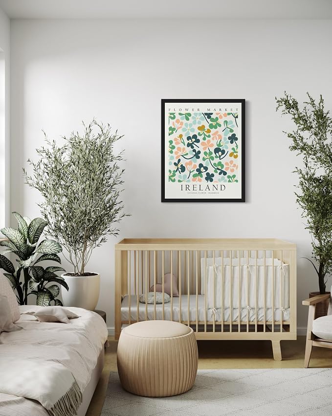 Ireland, Shamrock Art Print Poster, Flower Market Wall Art, Floral Artwork Decor for Bedroom, Kitchen, Bathroom, Livingroom Decoration 52 (Ireland, Shamrock, 20"L x 16"W, Black Frame)
