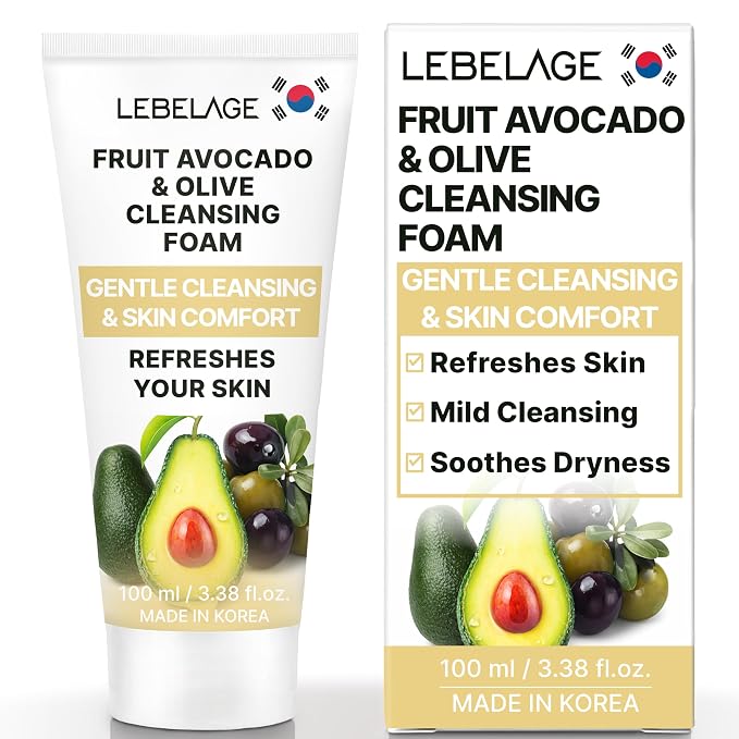 LEBELAGE Korean Avocado&Olive Facial Cleanser 3.38 oz | Cleansing Foam Face Wash | Low pH Gentle Hydrating Daily Facial Cleanser Sensitive Skin | Deep Cleansing Foaming Cleanser, Pore Care