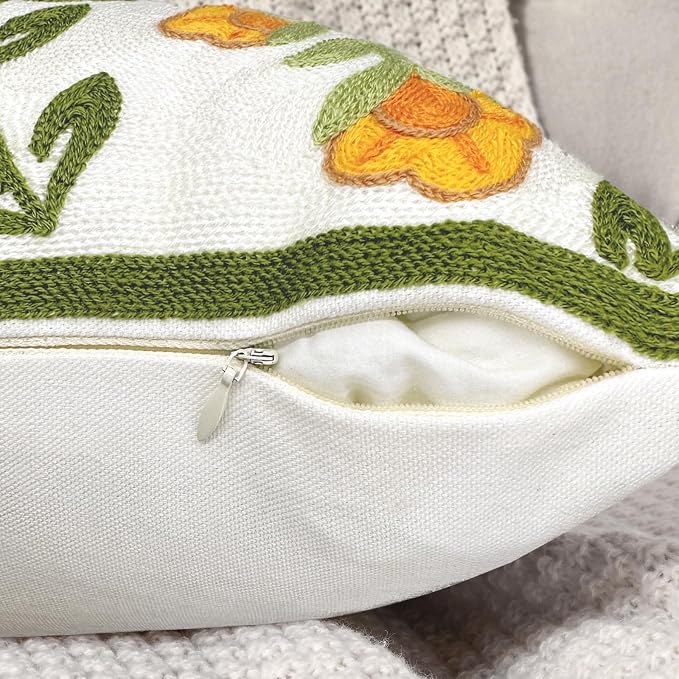 Alysheer Flower Embroidered Summer Decorative Lumbar Throw Pillow Cover 12"x 20", Farmhouse Cottage Orange Floral Green Leaves Patterned Cotton Canvas Cushion Case for Sofa Couch Bed Living Room