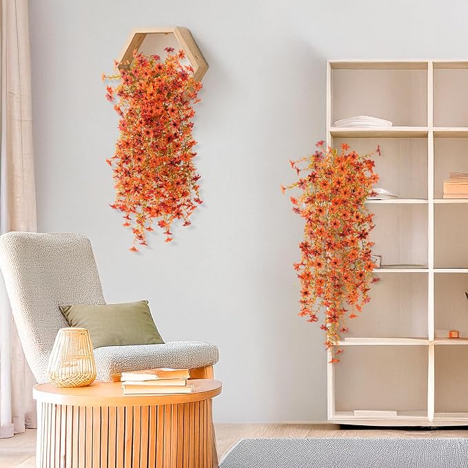 INQCMY Artificial Fall Fake Flowers for Outdoor Fake Hanging Decoration | 2PCS Faux Mums Silk Flower with Autumn Leaves UV Resistant No Fade for Home Planter Porch Patio Yard Balcony (Orange Red)