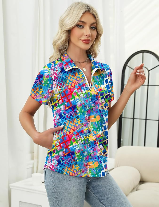LOMON Womens Golf Polo Shirt Summer Short Sleeve Quarter Zip Outfit | Side-Pockets,Princess Seams,Cotton,Wrinkle Free,Moisture Wicking,Quick-Dry,Lightweight,Collared,for Tennis Workout