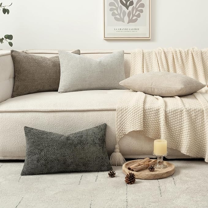 MIULEE Decorative Chenille Lumbar Pillow Covers Neutral 12x20 Pack of 4 | Mid Century Modern Decor, Cream to Charcoal Set, Couch Throw Pillows, Farmhouse Boho Cushion Covers for Sofa Bed Living Room