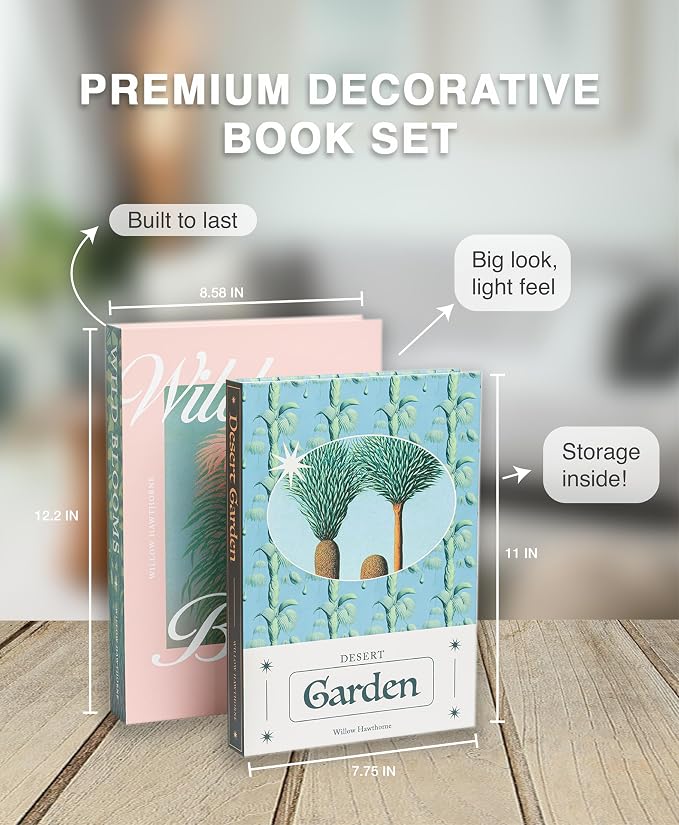 Decorative Storage Books Set of 2 – Botanical Book Box Set with Hidden Storage & Magnetic Lid – Elegant Coffee Table Decor, Modern Botanical Bookshelf Styling