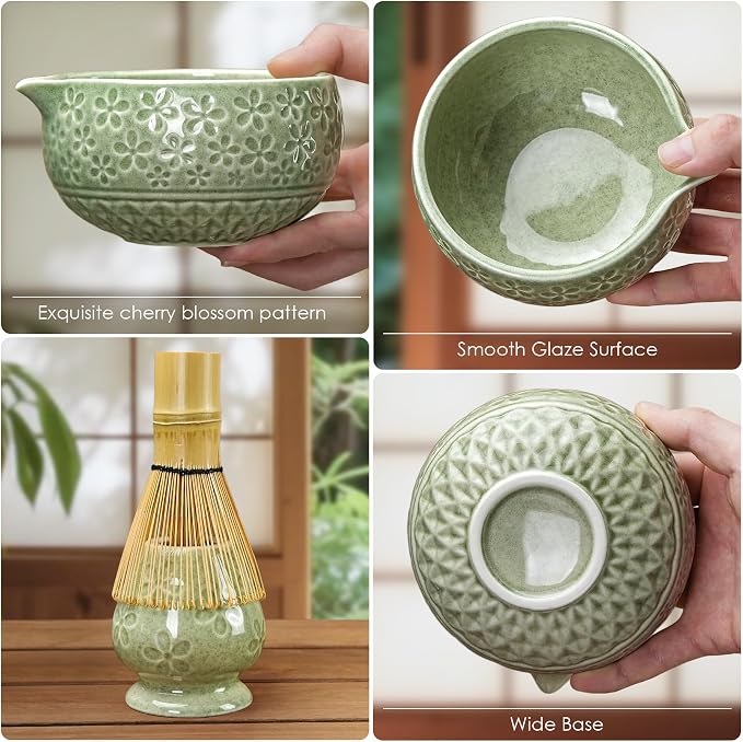7Pcs Matcha Whisk Set, Matcha Set Whisk and Bowl,Bamboo Scoop, Scoop Rest, Sifter and Tea Towel, Matcha Kit W/Carved Cherry Blossm Pattern for Matcha Lovers (Sakura Green)