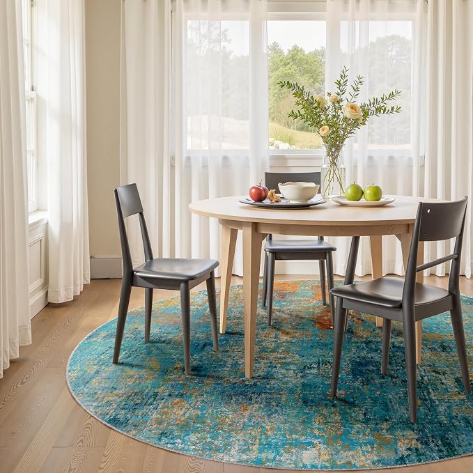 RELEANY Washable Round 8ft Area Rug for Living Room Teal Multi | carpet for bedroom, kitchen, office, hallway and entryway, printed pattern, non-slip, soft, stain-resistant, easy to clean