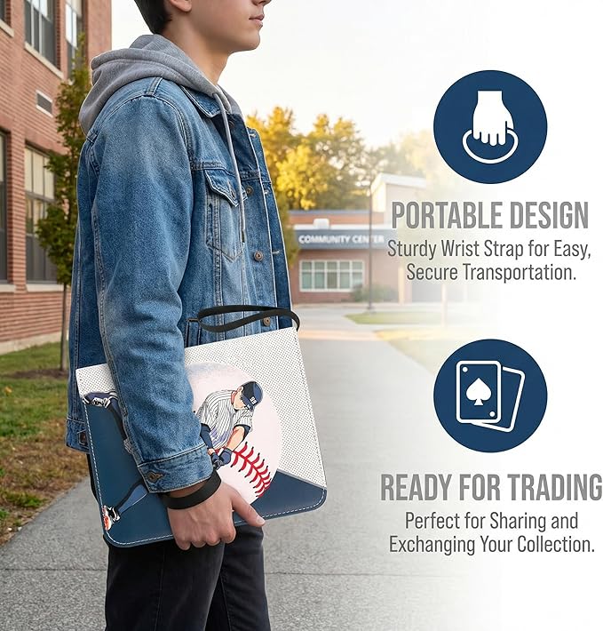 HBK Baseball Card Binder 900 Pockets Trading Card Holder Album with 50 Pages 3 Ring Sports Card Storage Case Waterproof PU Leather Gift for Collectors