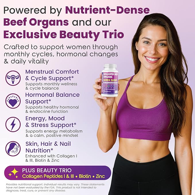Beef Organ Supplement for Women – NZ Grass Fed | Biotin Collagen Zinc | Women’s 5-organ blend with Uterus & Ovary + Beauty Trio: Biotin, Collagen & Zinc. NZ Grass-Fed. Made in USA. 2 caps daily.