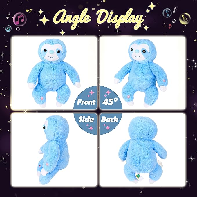 Hopearl LED Musical Plush Sloth Lighting Up Stuffed Animal Three Toed Sloth Floppy Night Lights Glow in The Dark Birthday Festival for Kids Toddlers, Blue, 12.5''