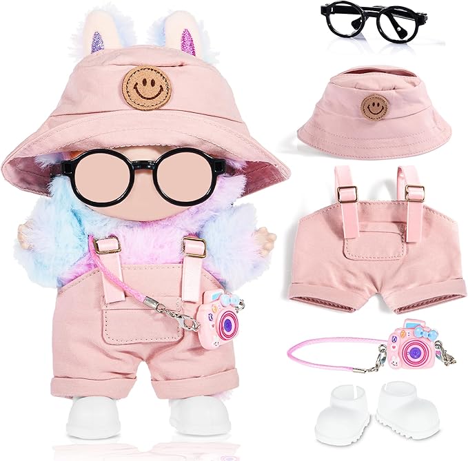 17cm Doll Clothes & Accessories Set Include: Hat, Overall, Shoes, Glasses and Bag- Cute Clothes for Dress up Unique Style (Doll Not Included), Pink