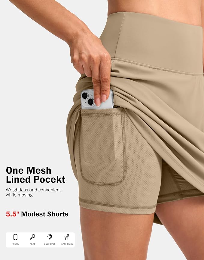20" Skorts with 3 Pockets | Knee Length, High waisted, Slit Side, Casual, Summer, Travel, Athletic, Tennis, Golf, Skirts for Women