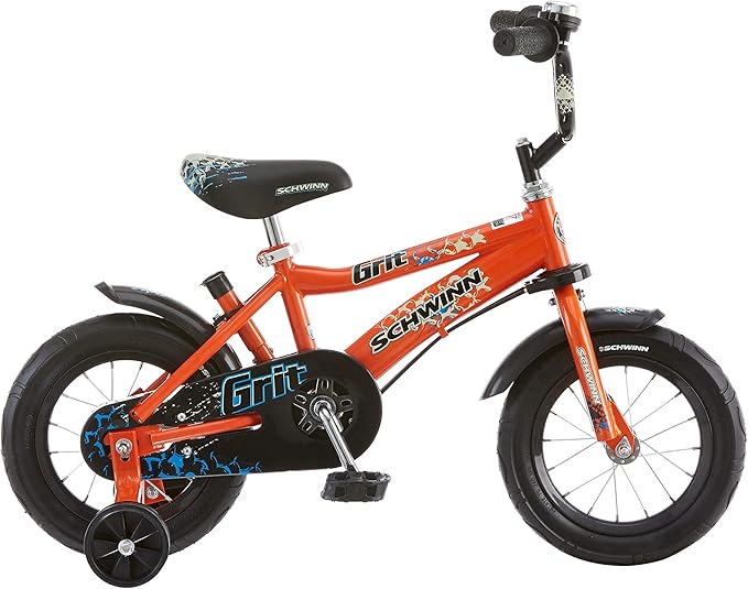 Schwinn Petunia and Grit Bike, 12 Inch Bike for Kids Ages 2-4, Orange, Teal, Pink or Blue, Steerable Beginner Bicycle with Training Wheels, Parent Push Handle, Rear Coaster Brake, Adjustable Seat