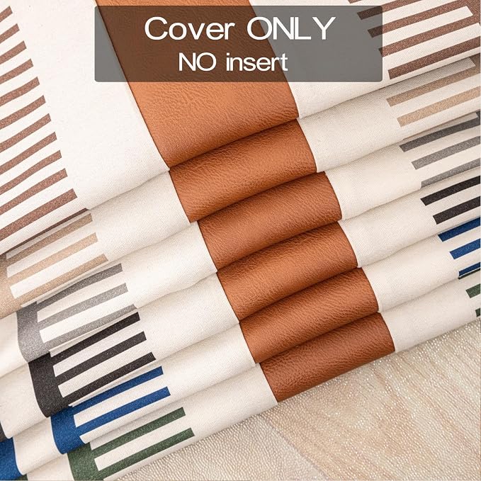 Set of 2 Farmhouse Striped Pillow Cover 18x18 Boho Accent Cushion Case Faux Leather Decorative Pillowcase,Black and Beige (Cover ONLY)