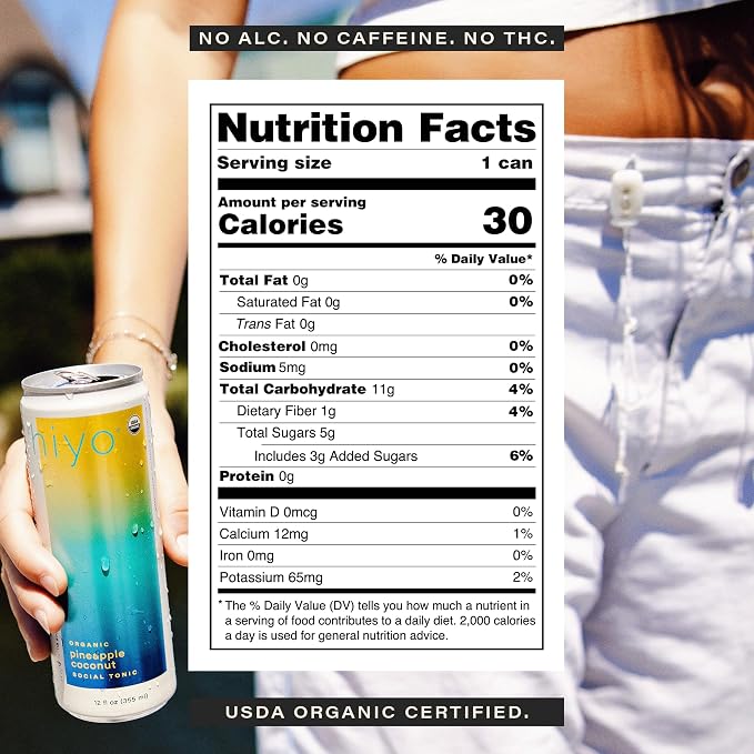 Hiyo Organic Social Tonic – Pineapple Coconut, 12 Pack - Non-Alcoholic Functional Seltzer, Flavored Sparkling Water Crafted with Organic Adaptogens, Nootropics & Botanicals