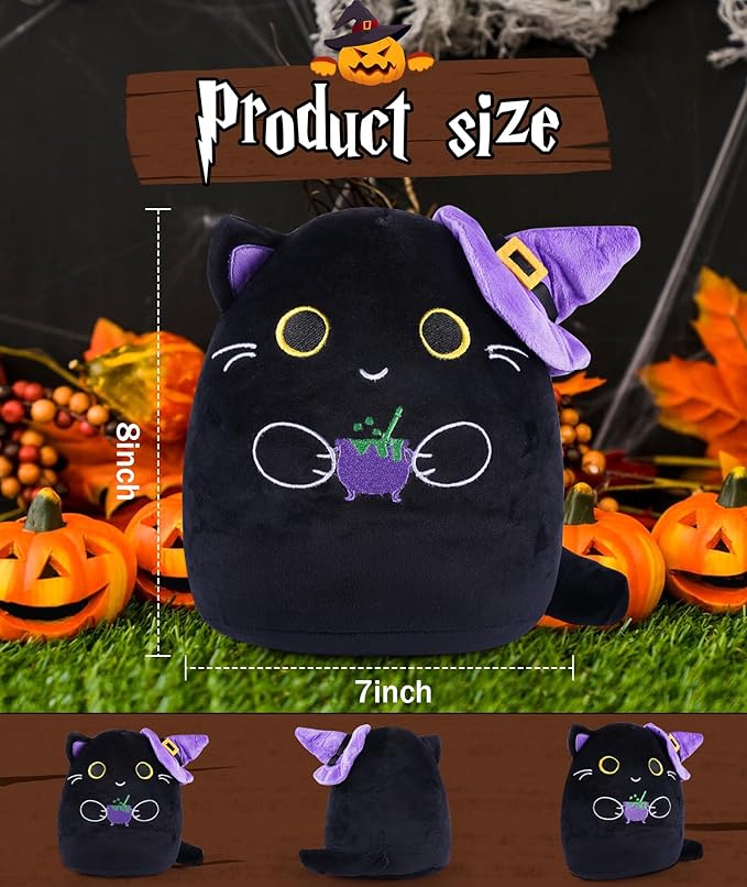 Halloween Stuffed Animal Cat Plush – Cute Halloween Decor Accessory Black Cat Plushie with Witch Hat 10 Inch Holiday Stuffed Animal
