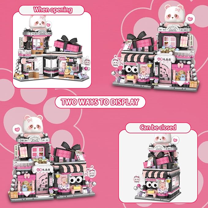Cute Panda Mini Building Blocks Set, 938PCS MOC Mini Architecture Building Kits with Gift Shop Street View Design - STEM Educational Construction Gift for Girls Boys Kids Adults