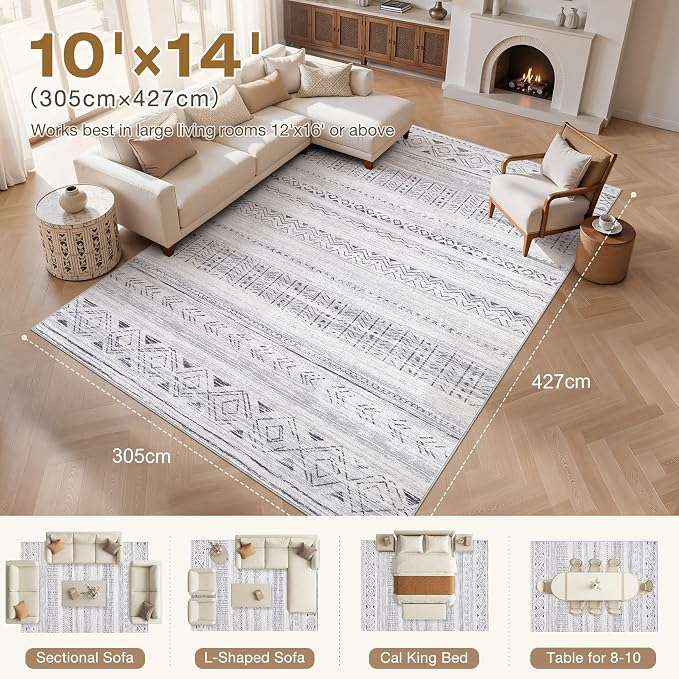 cotiled 10x14 Area Rugs Living Room Rug: Washable Boho Rugs with Non Slip Backing Large Soft Indoor Stain Resistant Carpet for Bedroom Farmhouse Dining Room Lightweight Home Decor Dark Grey