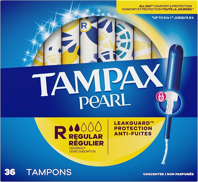 Tampax Pearl Tampons for Women, with LeakGuard Braid, Regular Absorbency, Unscented, 36 Count