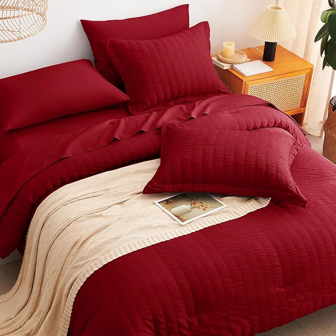 CozyLux Twin XL Comforter Set with Sheets Seersucker Dark Red 5 Pieces Bed in a Bag, Twin Extra Long Luxury Bedding Sets for College Dorm with Down Alternative Comforter, Sheets, Pillowcase & Sham