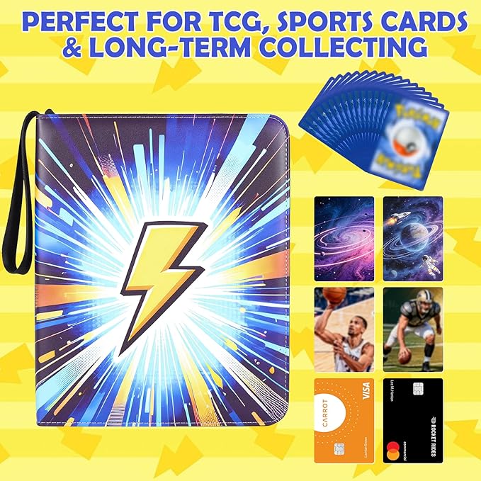 9 Pocket Top-Loading Trading Card Binder, 900 Pockets Card Book Holder with 50 Removable Sleeves, Double-Sided 3-Ring Zip,Waterproof PU Cover with Full Zipper,Card Albums Gifts for Serious Collectors