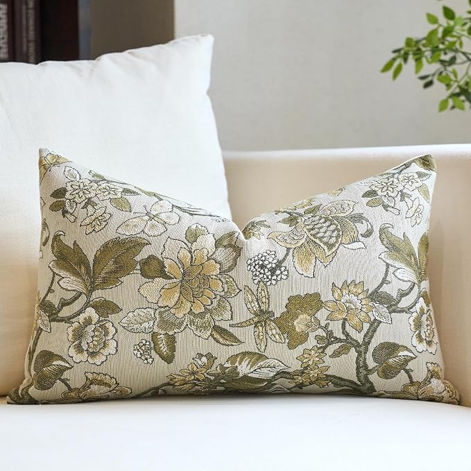 Neutral Floral Pillow Cover 12x20, Vintage Linen Lumbar Pillow Cover Soft Decorative Farmhouse Accent Pillow Case for Couch Bedroom Living Room Home Decor, Beige