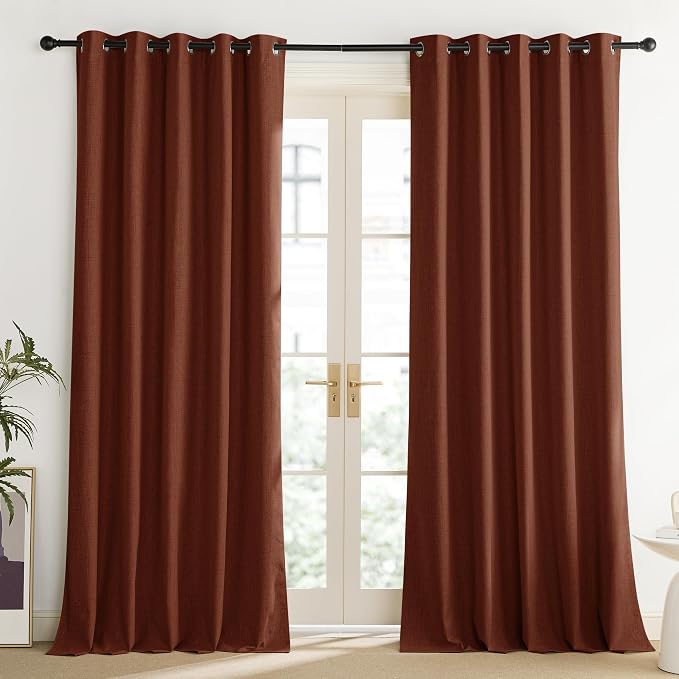 NICETOWN 100% Absolutely Blackout Linen Curtains with Thermal Insulated Liner, 62" Wide, 2 Panels, 102" Long Drapes, Grommet Retro Burnt Orange Linen Curtains Vertical Drapes Privacy for Bedroom