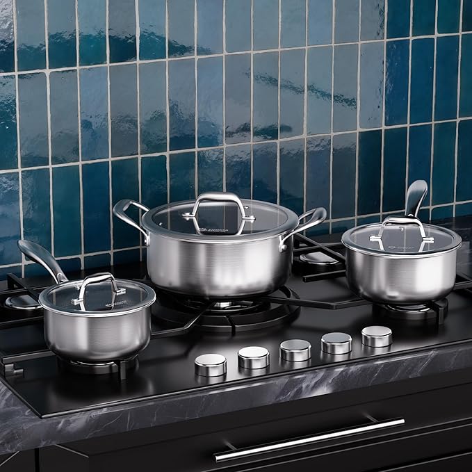 COOKER KING Hybrid Stainless Steel Pot Set, 1.5 & 2 & 5QT Pots with Lids | 6PCS, Non Stick, Non Toxic, Stay-Cool Handles, Induction Compatible, Oven and Dishwasher Safe