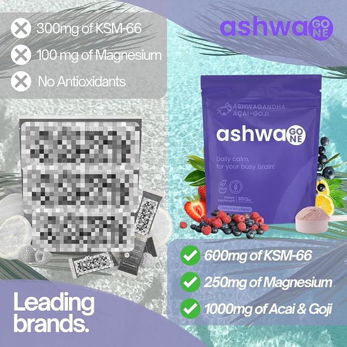 Ashwagone KSM-66 Ashwagandha Powder Drink Mix – Daily Calm & Focus Support – With Magnesium Glycinate, L-Theanine, GABA, Lemon Balm, Acai & Goji Berry – Vegan Supplement – 30 Servings