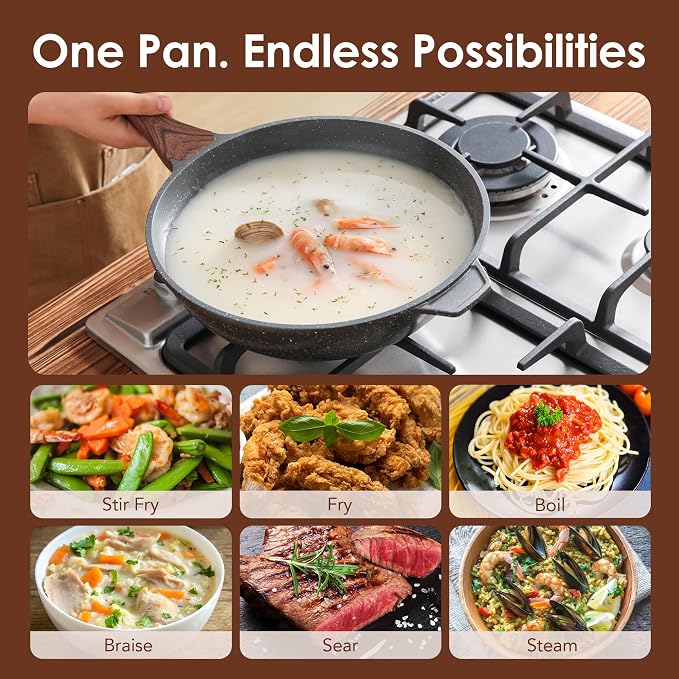 SENSARTE Nonstick Wok Pan with Lid 11-inch, Healthy Stir-fry Pan Induction Cookware with Swiss Granite Coating, Deep Frying Pan Skillet with Stay-cool Handle, PFOA Free