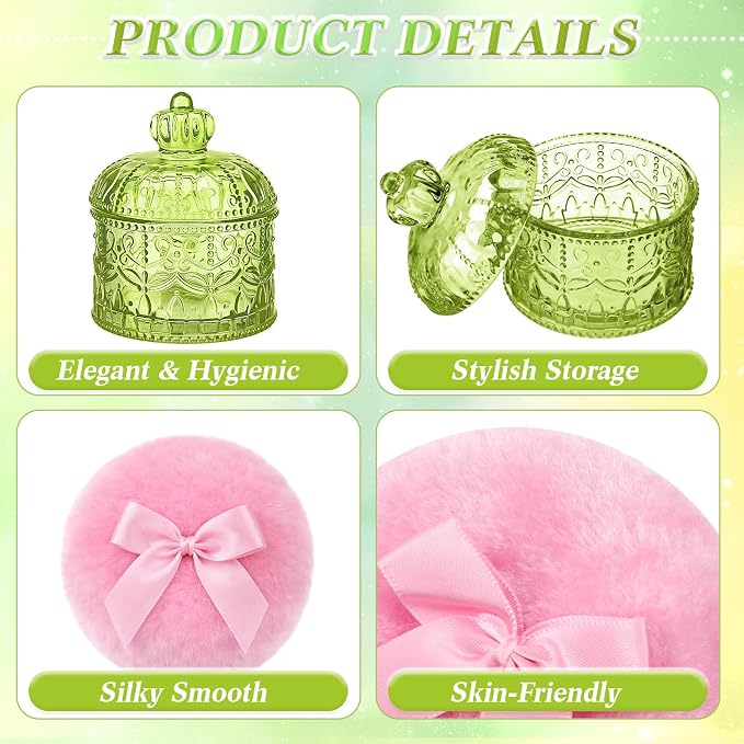 Body Powder Puff and Container, Crystal Container with Soft Dust Powder Puff Washable Reusable Face Body Glitter Wet Dry Makeup for Women Gift(Green, Crown)