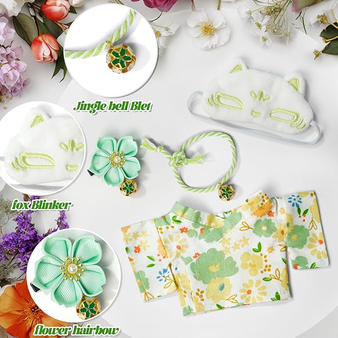 Clothes for 17cm Dolls,Outfit Accessories Kimono Set for 6.7inch Dolls Boys, Kawaii Chic Designer Style Flower Hairbow+Green Clothing Pajamas+Cute Halloween Mask(NO Doll)