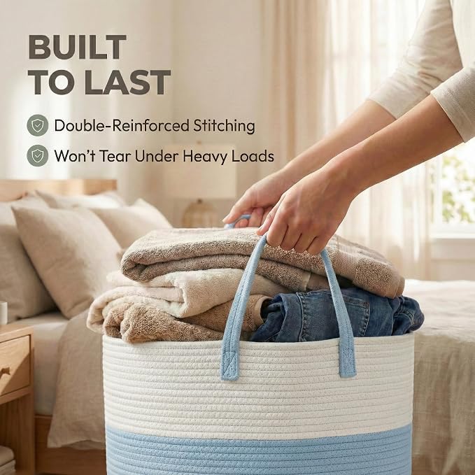 JMvicyroam 65L Extra Large Machine Washable Cotton Rope Blanket Basket | Collapsible laundry hamper, Reinforced handles, For blankets, pillows, toys and clothes, Living room and bedroom, White&Blue
