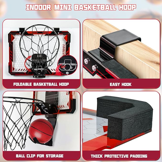 Remote Control Mini Basketball Hoop Indoor for Kids, Over Door Hoop Basketball with Electronic Scoreboard, Indoor Basketball Hoop with 4 Balls,Storage Clip&Bag,7 LED Light Toy Gift for Boy Girl 3+,Red