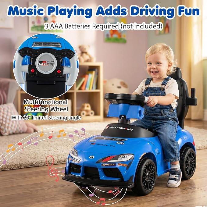 Costzon Push Car for Toddlers, 3 in 1 Toyota Licensed Stroller Sliding Walking Car w/Handle, Music, Safety Guardrail, Under-Seat Storage, Foot-to-Floor Kids Ride On Toys for Boys Girls (Blue)