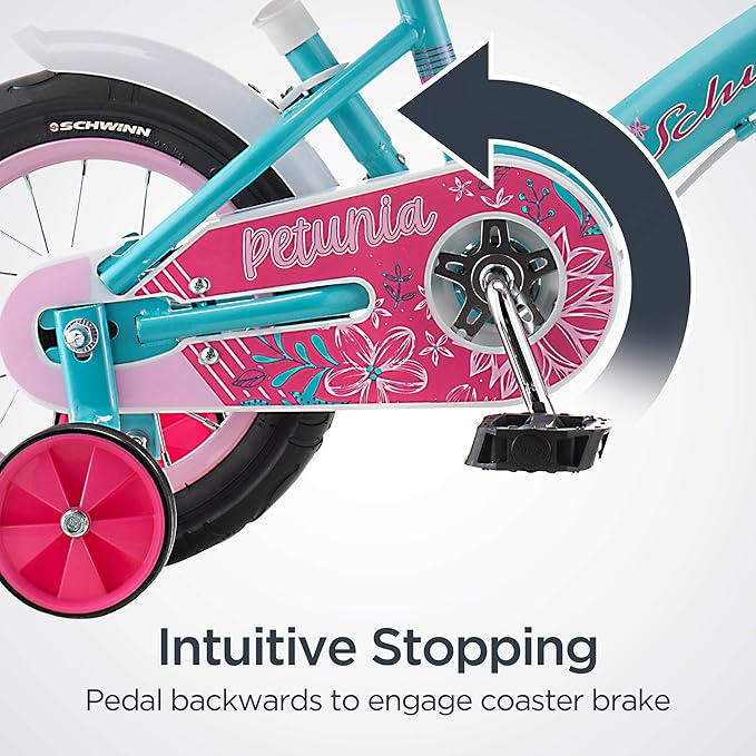 Schwinn Petunia and Grit Bike, 12 Inch Bike for Kids Ages 2-4, Orange, Teal, Pink or Blue, Steerable Beginner Bicycle with Training Wheels, Parent Push Handle, Rear Coaster Brake, Adjustable Seat