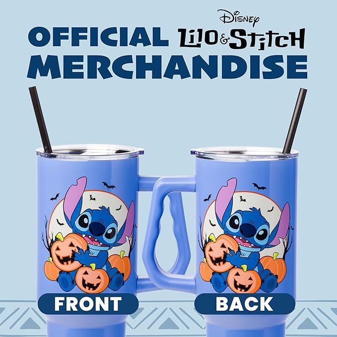 Silver Buffalo Disney Lilo and Stitch Halloween Spooky Pumpkin Jack-O-Lantern Double Walled Stainless Steel Tumbler with Handle and Straw, Fits in Standard Cup Holder, 40 Ounces