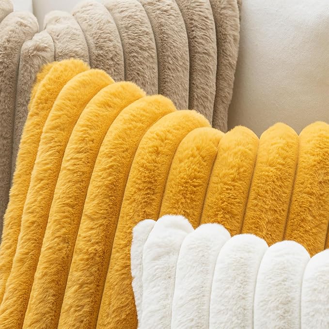 MIULEE Faux Fur Decorative Euro Sham Pillow Covers 24x24 Mustard Yellow | 2 Pack， Vintage Boho Fall Soft Plush Couch Pillows, Cozy Fluffy Cushion Covers for Sofa Bed Living Room Home Decor