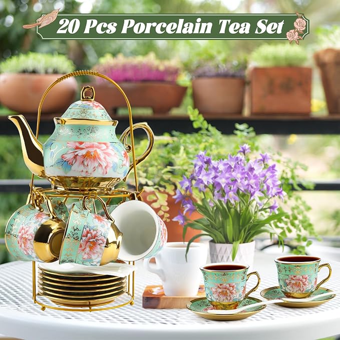 20Pcs European Ceramic Tea Set with Metal Stand, Porcelain Vintage Floral Tea Cup and Saucer Set for 6 People, Complete Gift Set with Teapot, Spoons for Wedding, Bridal Shower, Afternoon Tea Party