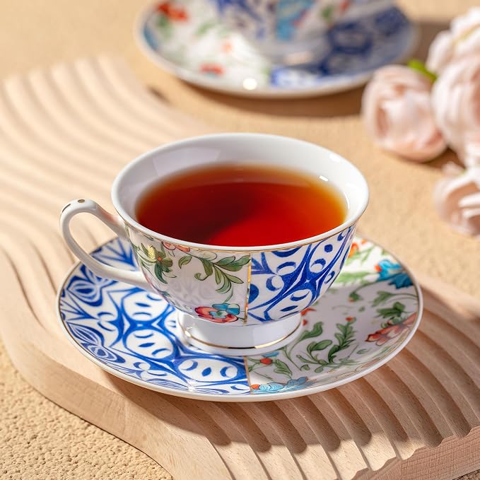BTaT- Floral Tea Cups and Saucers, 8 oz, Fine Porcelain Teacup Set with Gold Trim for Afternoon Tea, Weddings, Parties & Gifting, Dishwasher Safe, Lightweight, Non-Toxic, Set of 6