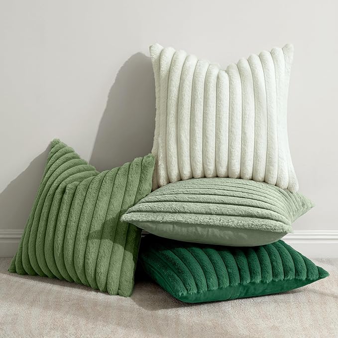 MIULEE Faux Fur Plush Decorative Throw Pillow Covers 18x18, Green | Set of 4, Striped, Soft Modern Cozy Home Decor, Cushion Cases for Sofa Couch Bed Living Room