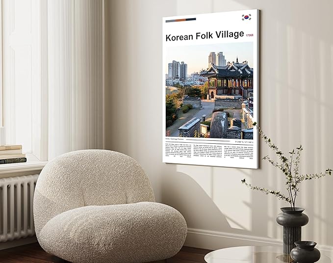 Poster Korean Folk Village Wall Art Original Design(30"x20" Wrapped Canvas) Joseon Dynasty Architecture Print South Korea Travel Landmark Gyeonggi Cultural Heritage Ancient Palace Zen Scenery Picture