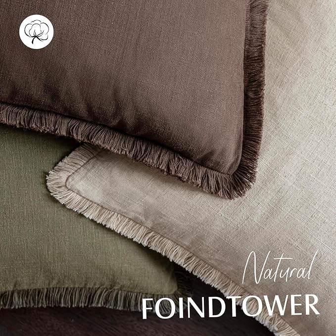 Foindtower Set of 2 Decorative Linen Fringe Throw Pillow Covers Boho Farmhouse Cushion Cover with Tassels Soft Accent Pillowcase for Couch Sofa Bed Living Room Home Decor,18×18 Inch,Reddish Brown