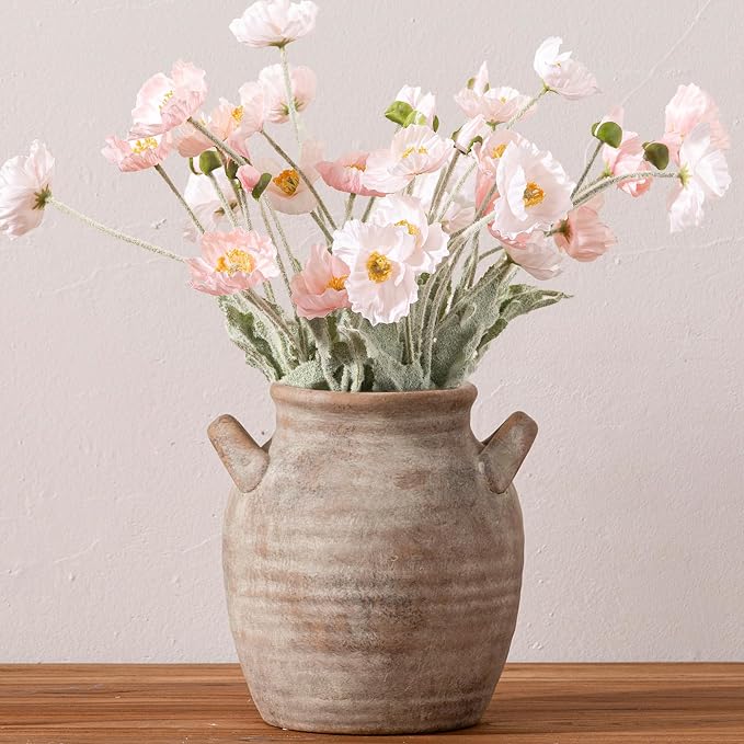 Vanselia Ceramic Flower Vase Home Decor - Farmhouse Table Vases with Handle Living Room Decoration Vintage Decorative Aesthetic for Shelf Coffee Dining Desk House Bookshelf Fireplace (7.1" Retro)