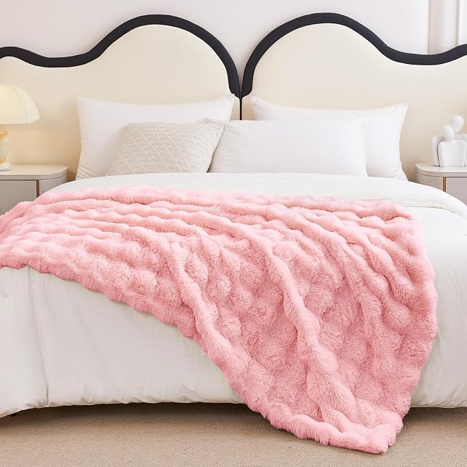 Faux Rabbit Fur Throw Blanket for Couch, Pink Throw Blankets 50"x60" | Cozy Reversible Fluffy Throw, Luxury Plush Thick Bubble Blanket, Mothers Gifts for Women, Soft Warm for Bed, Home Decor
