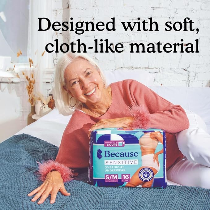 Because Adult Incontinence Underwear for Sensitive Skin - Women - Premium Overnight Disposable Briefs, Anti Odor - White, Small/Medium - Absorbs 6 Cups - 16 Count (Pack of 1)