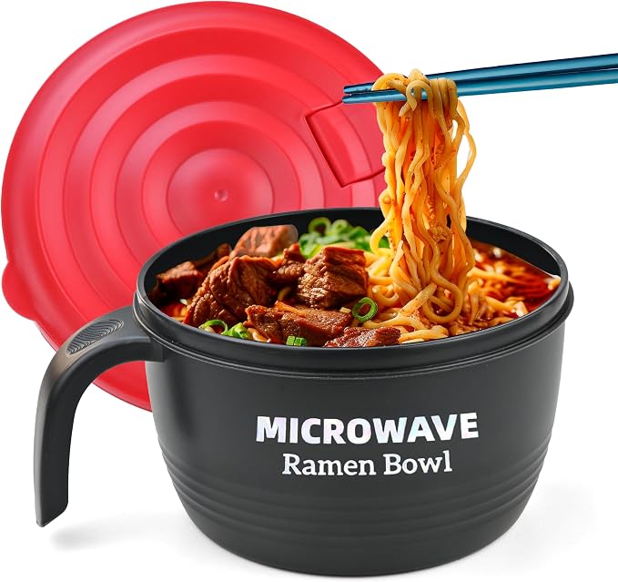 Layron Ramen Cooker Bowl - 45 oz Microwaveable Noodle Bowl Ramen in few Minutes- BPA Free and Dishwasher Safe Set with Chopsticks Perfect for Dorm, Small Kitchen, or Officee (black)