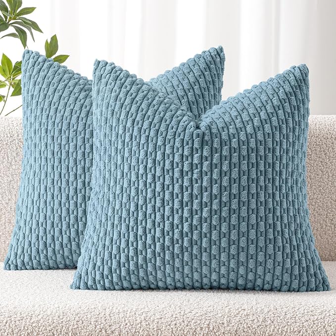 MIULEE Decorative Throw Pillow Covers 16x16 Blue Grey Textured Corduroy | Pack of 2 Striped Pillow Covers Modern Farmhouse Coastal Home Decor for Couch Bed Sofa Living Room