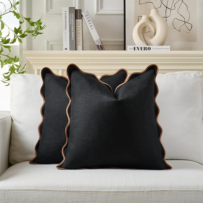 Scalloped Pillow Covers Set of 2 for Living Room | Decorative Sofa Couch Pillows | Boho Sytle Decorative Home | Aesthetic Funky Preppy Pillow Cases (Black & Brown, 20x20 Inch)