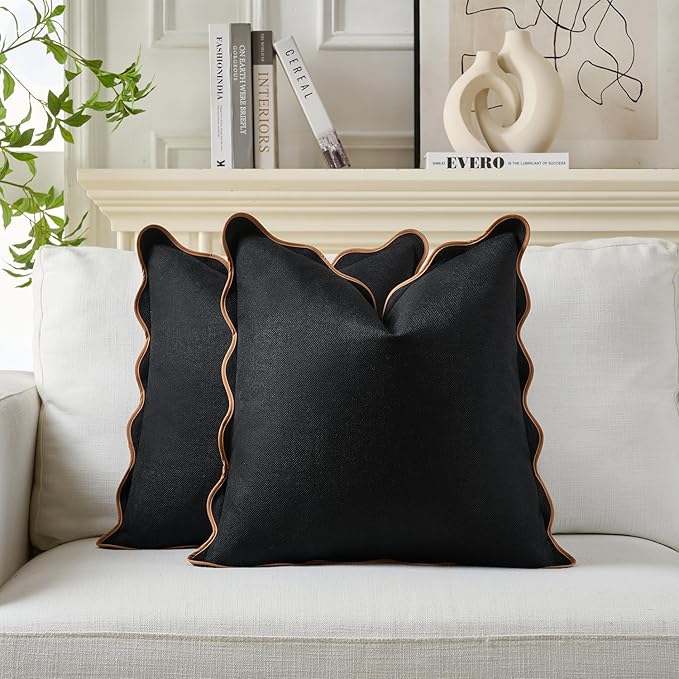 Scalloped Pillow Covers Set of 2 for Living Room | Decorative Sofa Couch Pillows | Boho Sytle Decorative Home | Aesthetic Funky Preppy Pillow Cases (Black & Brown, 24x24 Inch)